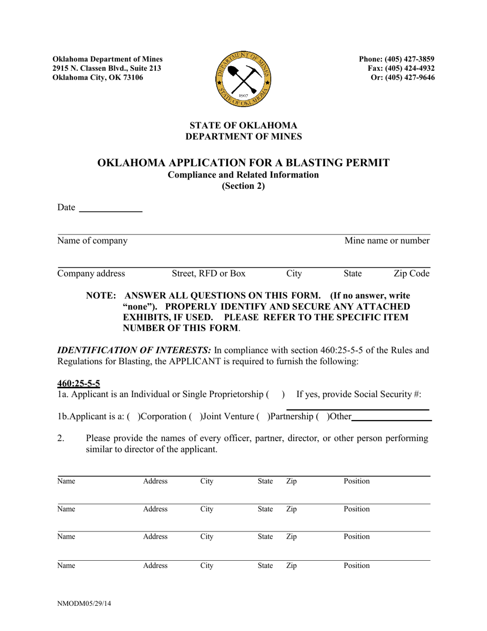Section 2 Oklahoma Application for a Blasting Permit - Oklahoma, Page 1