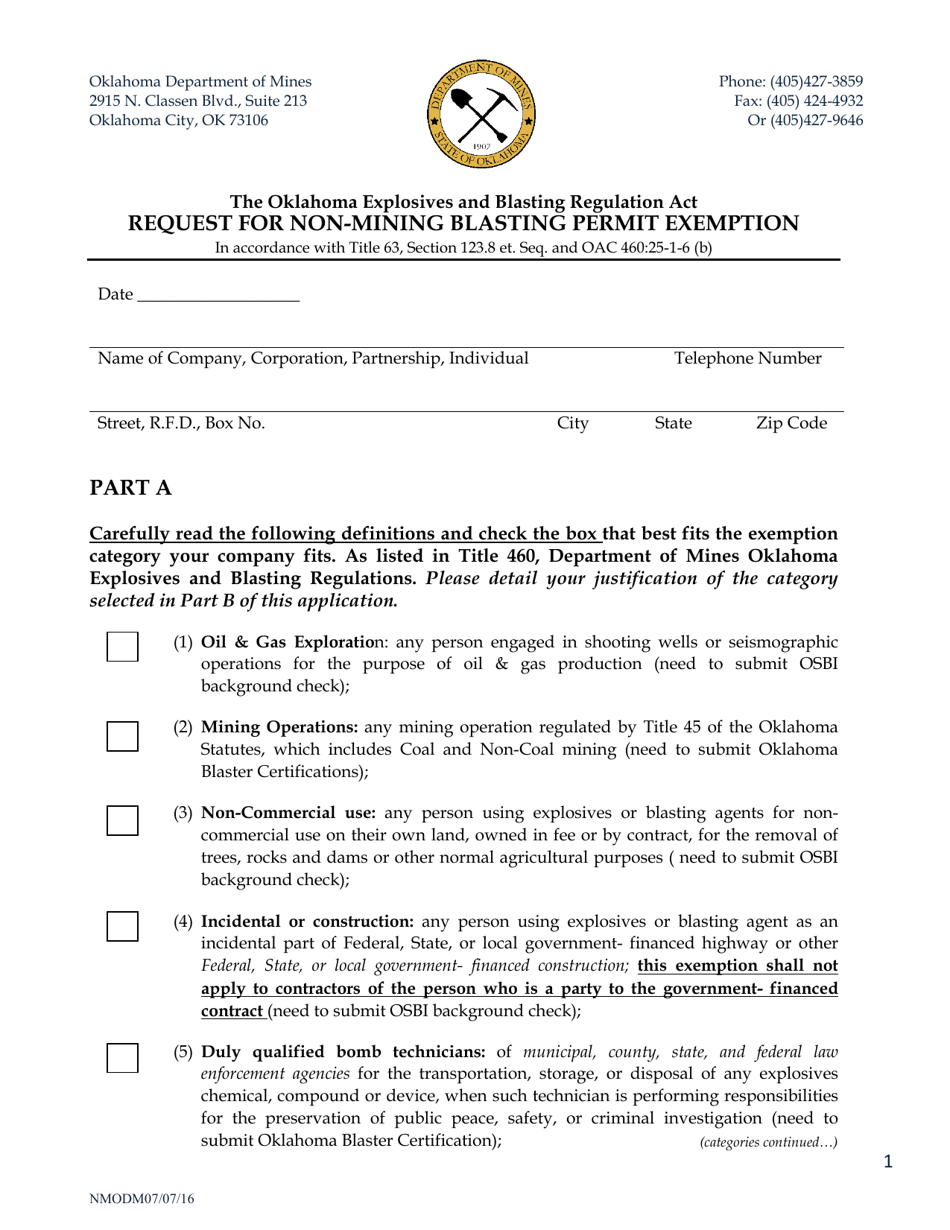 Request for Non-mining Blasting Permit Exemption - Oklahoma, Page 1