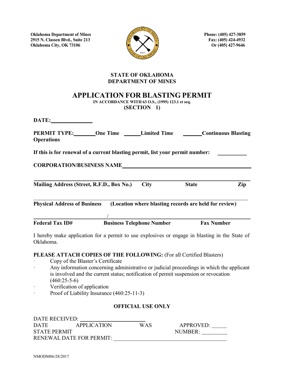 Section 1 Application for Blasting Permit - Oklahoma, Page 1