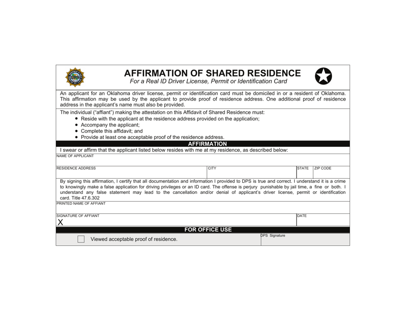 Affirmation of Shared Residence for a Real Id Driver License, Permit or Identification Card - Oklahoma