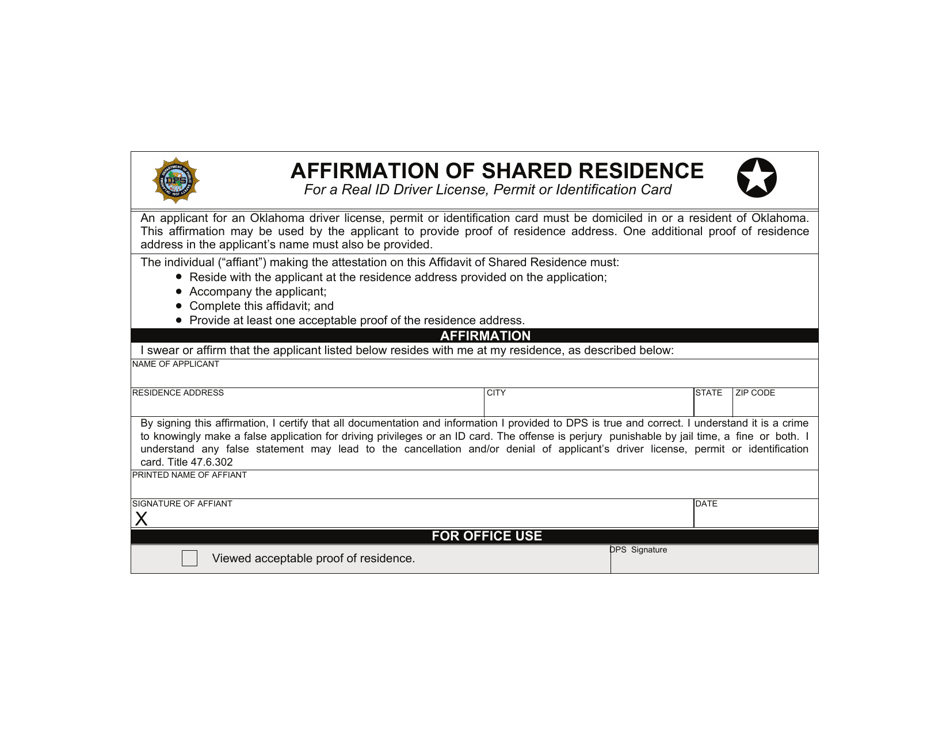 Affirmation of Shared Residence for a Real Id Driver License, Permit or Identification Card - Oklahoma, Page 1