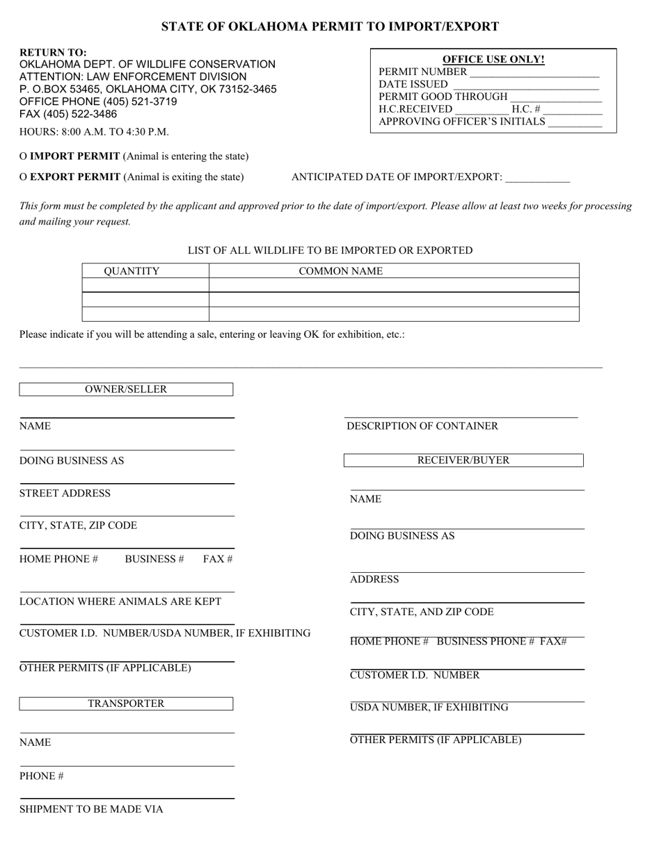 State of Oklahoma Permit to Import / Export - Oklahoma, Page 1