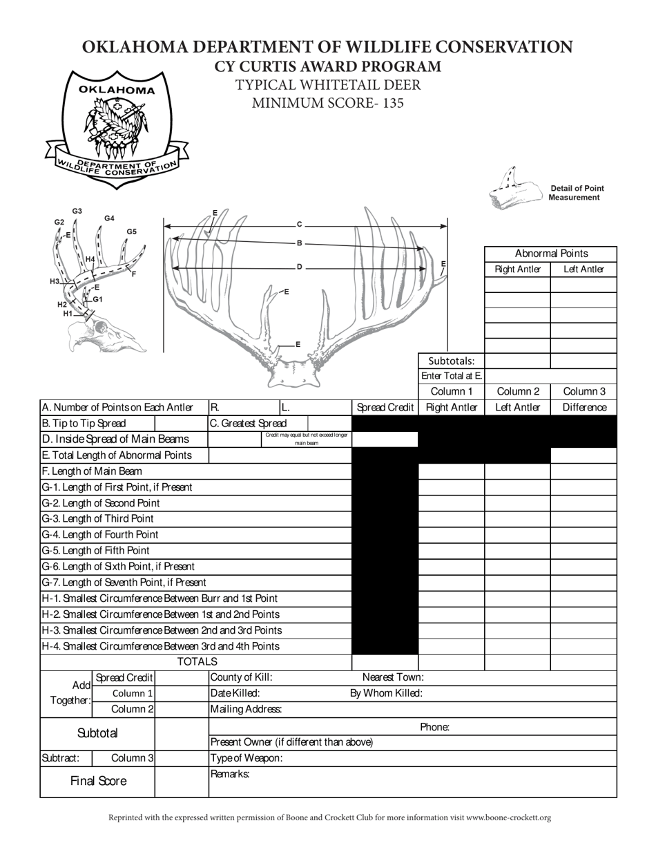 Oklahoma Cy Curtis Award Program Typical Whitetail Deer Fill Out