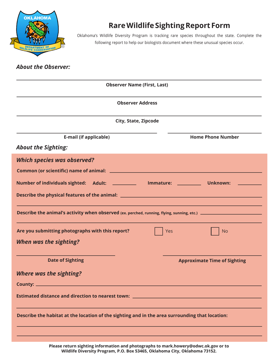 Oklahoma Rare Wildlife Sighting Report Form - Fill Out, Sign Online and ...