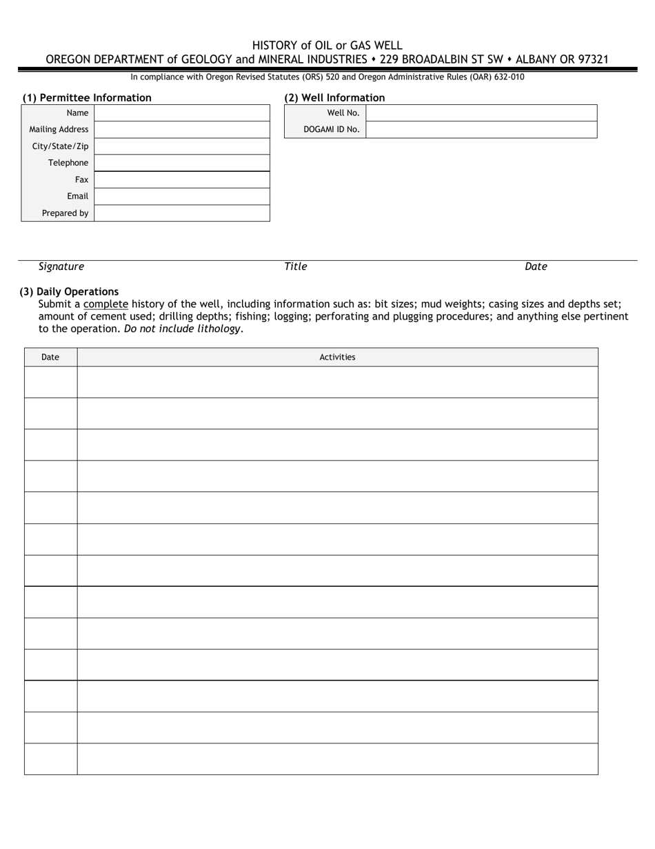 Oregon History of Oil or Gas Well Download Printable PDF | Templateroller