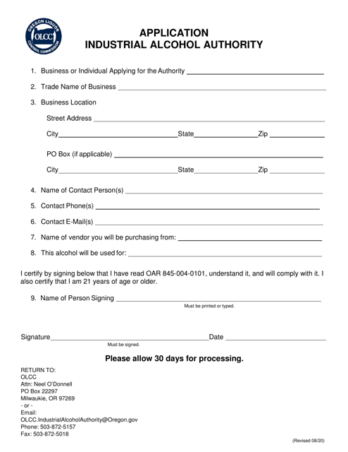 Industrial Alcohol Authority Application - Oregon Download Pdf