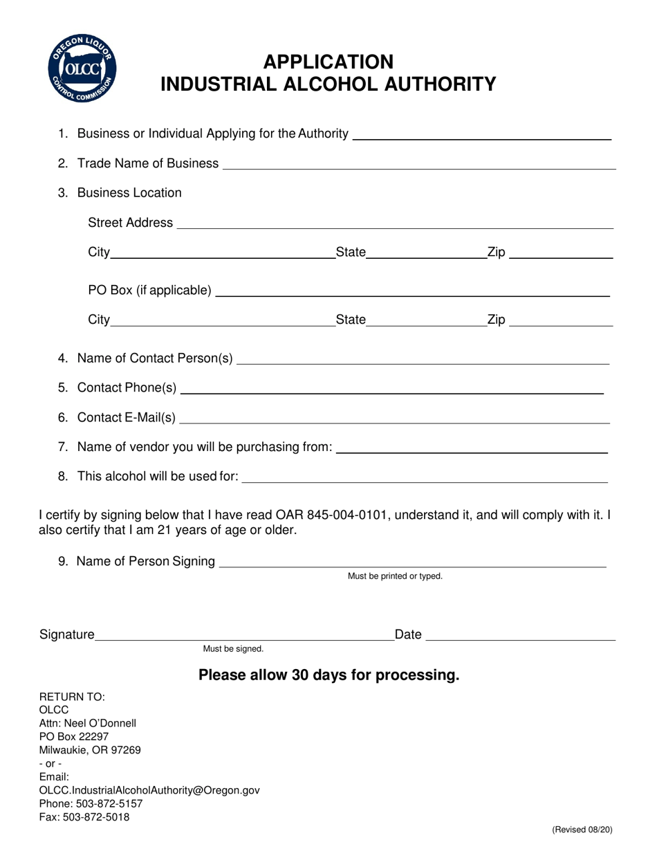 Industrial Alcohol Authority Application - Oregon, Page 1