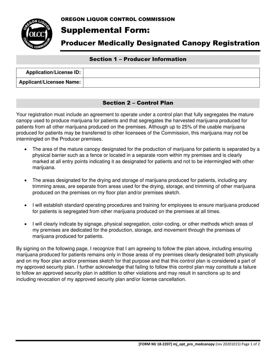 Form MJ18-2207 Producer Medically Designated Canopy Registration - Oregon, Page 2