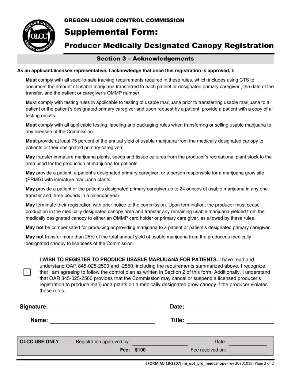 Form MJ18-2207 Producer Medically Designated Canopy Registration - Oregon, Page 3