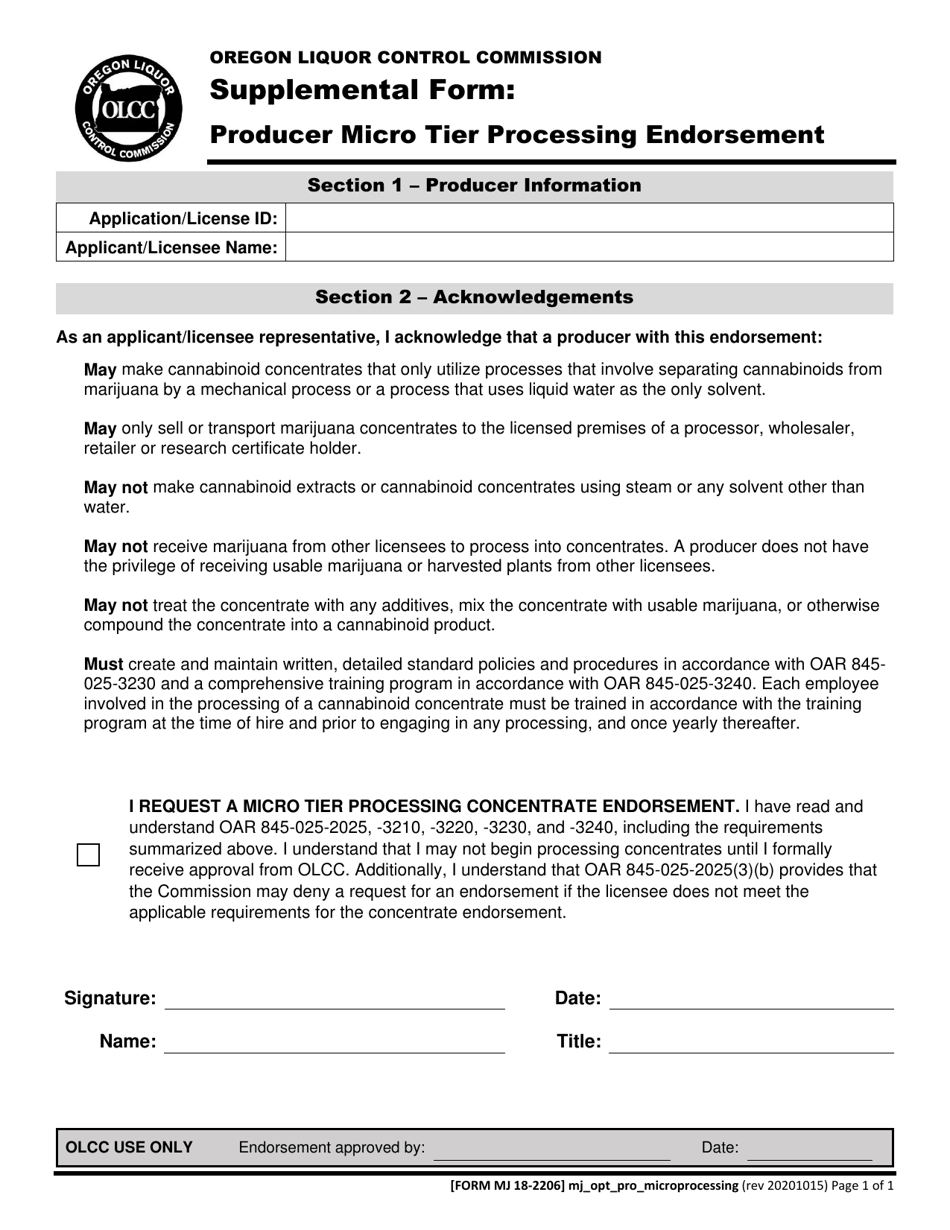 Form MJ18-2206 Producer Micro Tier Processing Endorsement - Oregon, Page 2