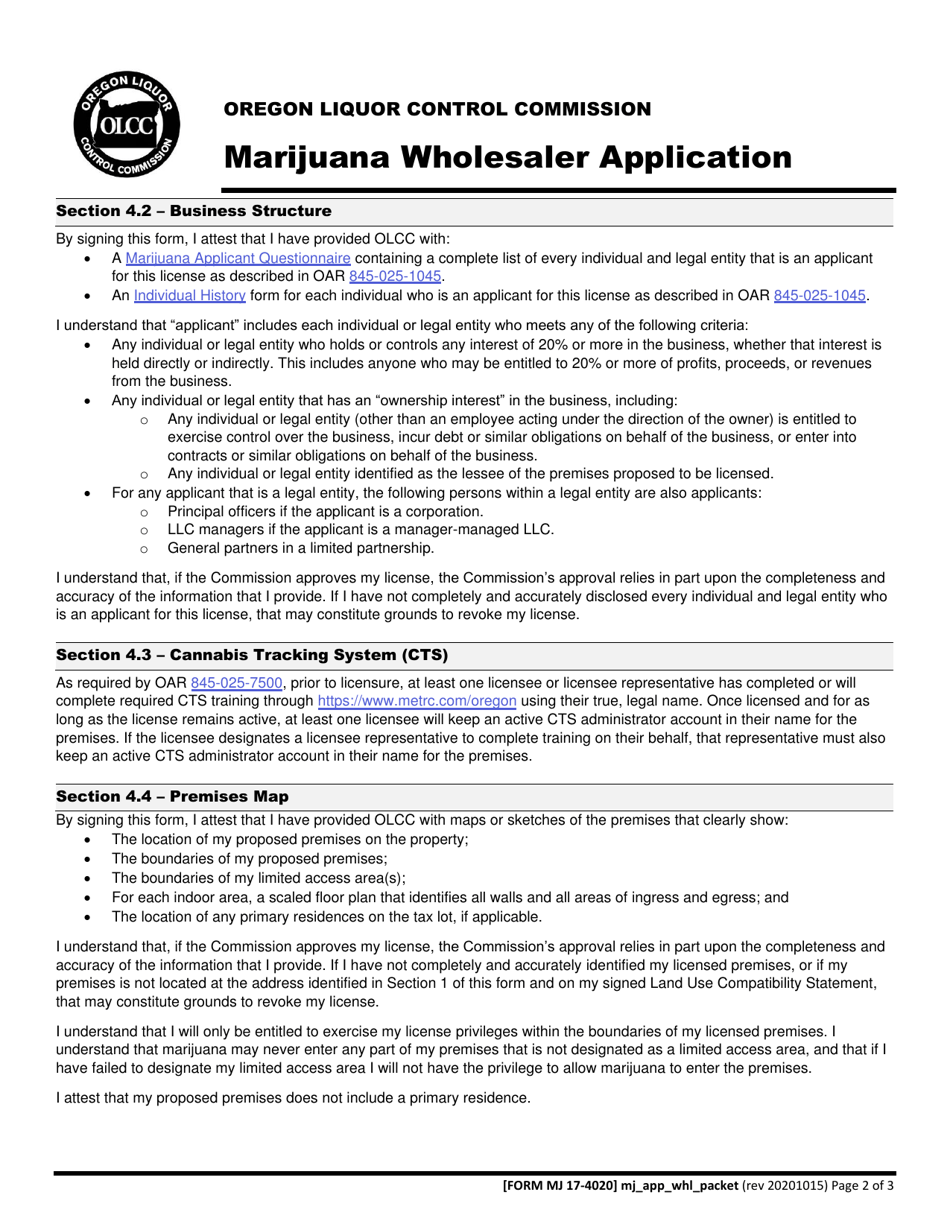Form MJ17-4020 Marijuana Wholesaler Application - Oregon, Page 3