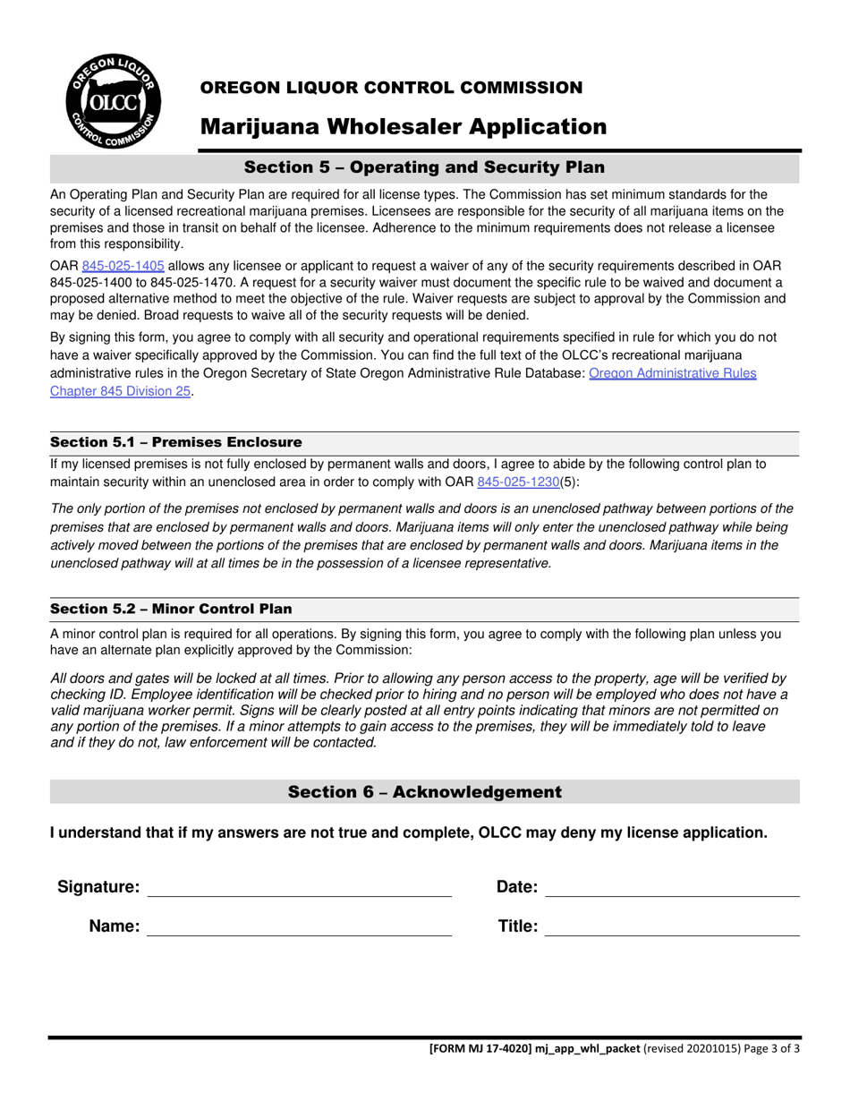 Form MJ17-4020 Marijuana Wholesaler Application - Oregon, Page 4