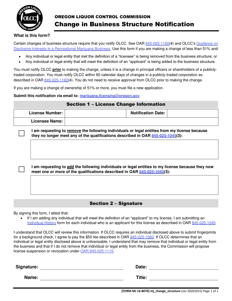 Form MJ16-8070 Change in Business Structure Notification - Oregon, Page 1
