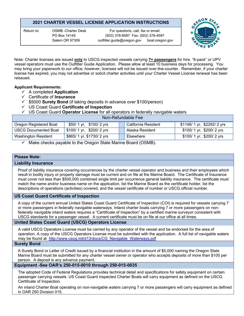 Charter Vessel License Application - Oregon, Page 1