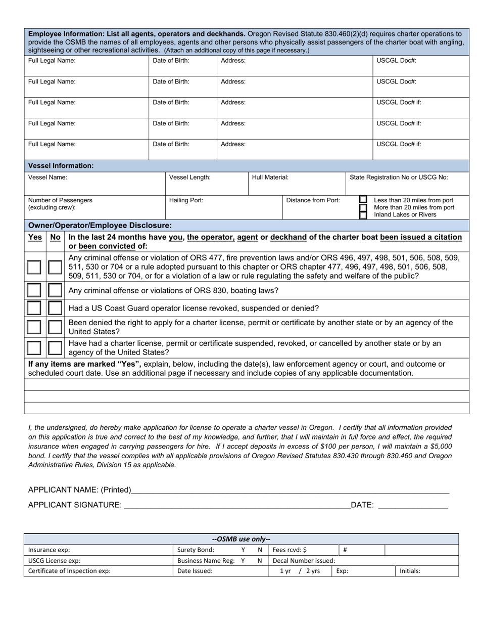 Charter Vessel License Application - Oregon, Page 3