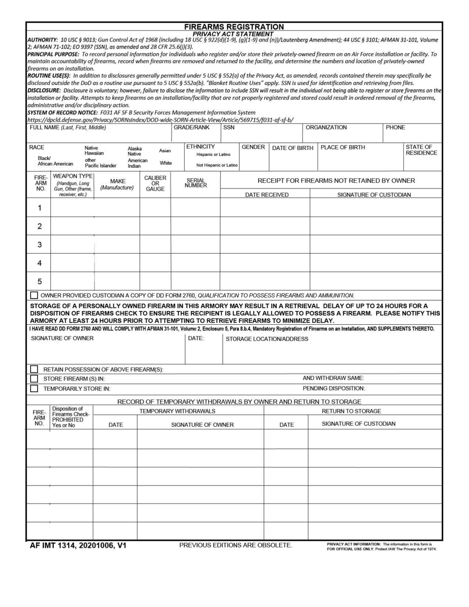 AF IMT Form 1314 Firearms Registration, Page 1