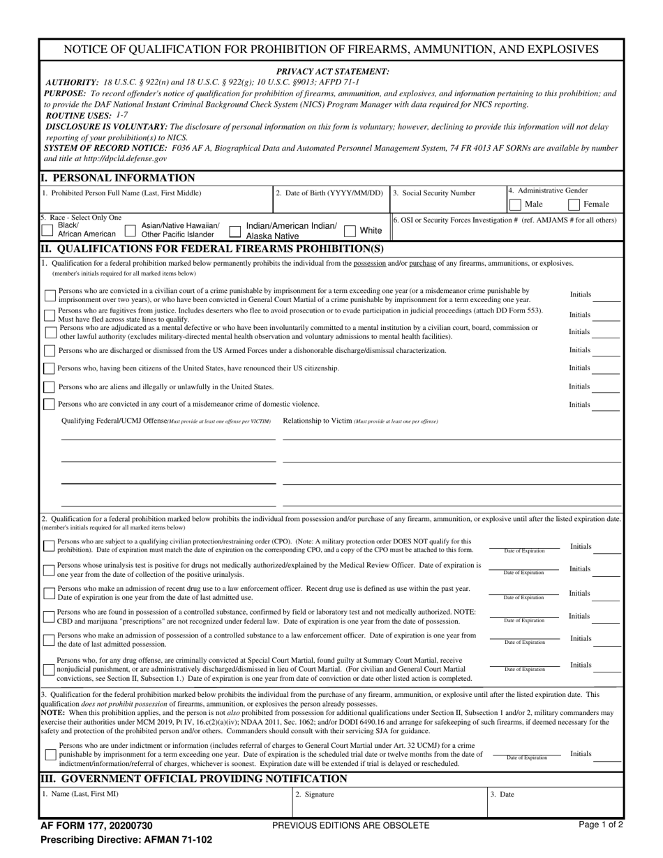 AF Form 177 Notification of Qualification for Prohibition of Firearms, Ammunition, and Explosives, Page 1