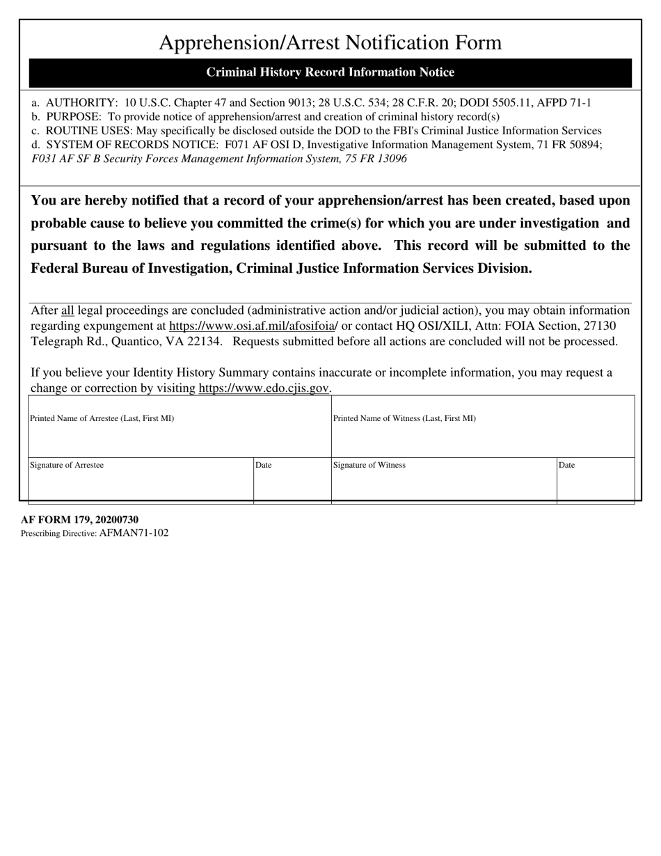 AF Form 179 Apprehension / Arrest Notification Form, Page 1
