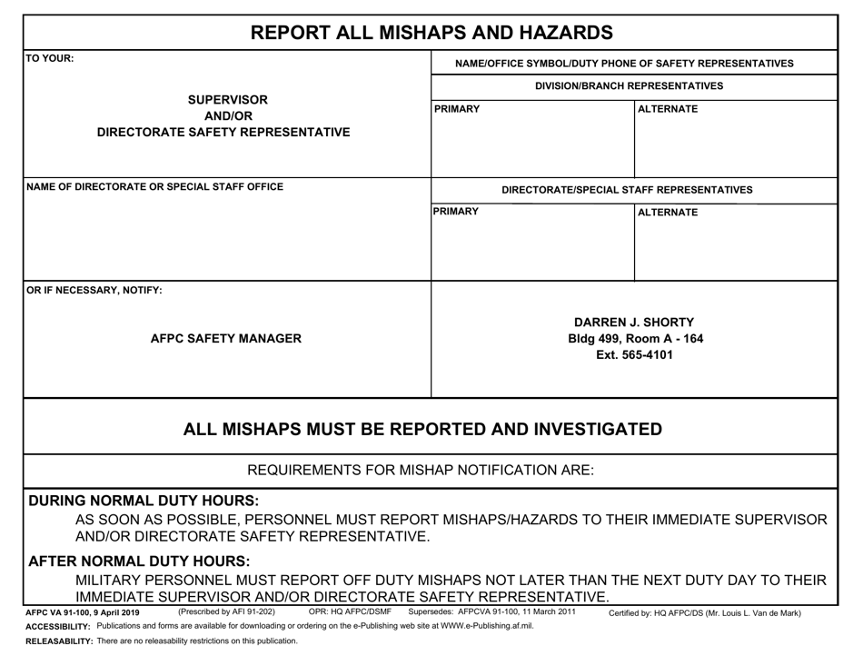 AFPC VA Form 91-100 Report All Mishaps and Hazards, Page 1