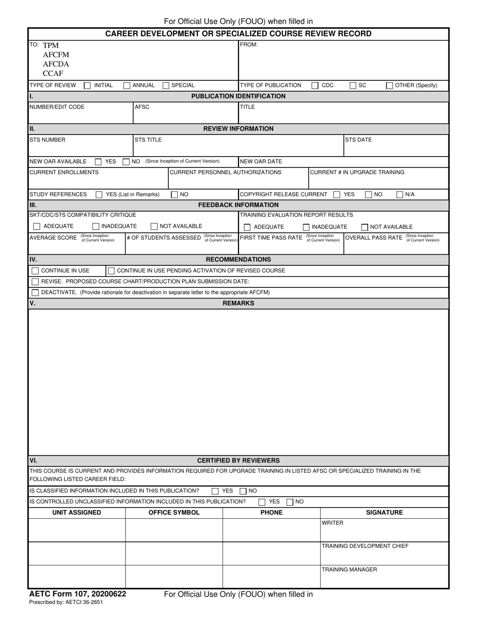 AETC Form 107 Career Development or Specialized Course Review Record, Page 1