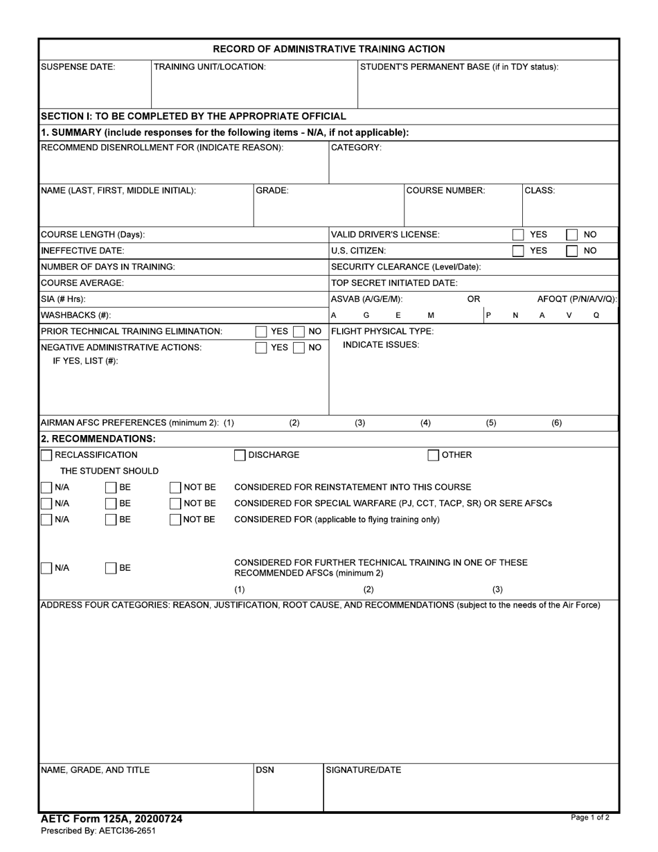AETC Form 125A Record of Administrative Training Action, Page 1