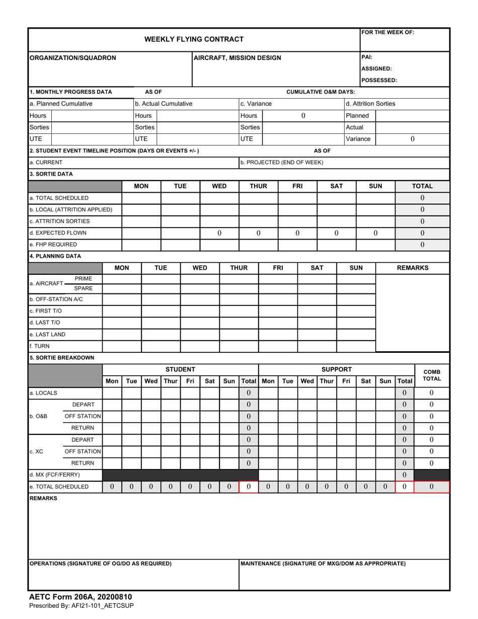 AETC Form 206A Weekly Flying Contract, Page 1