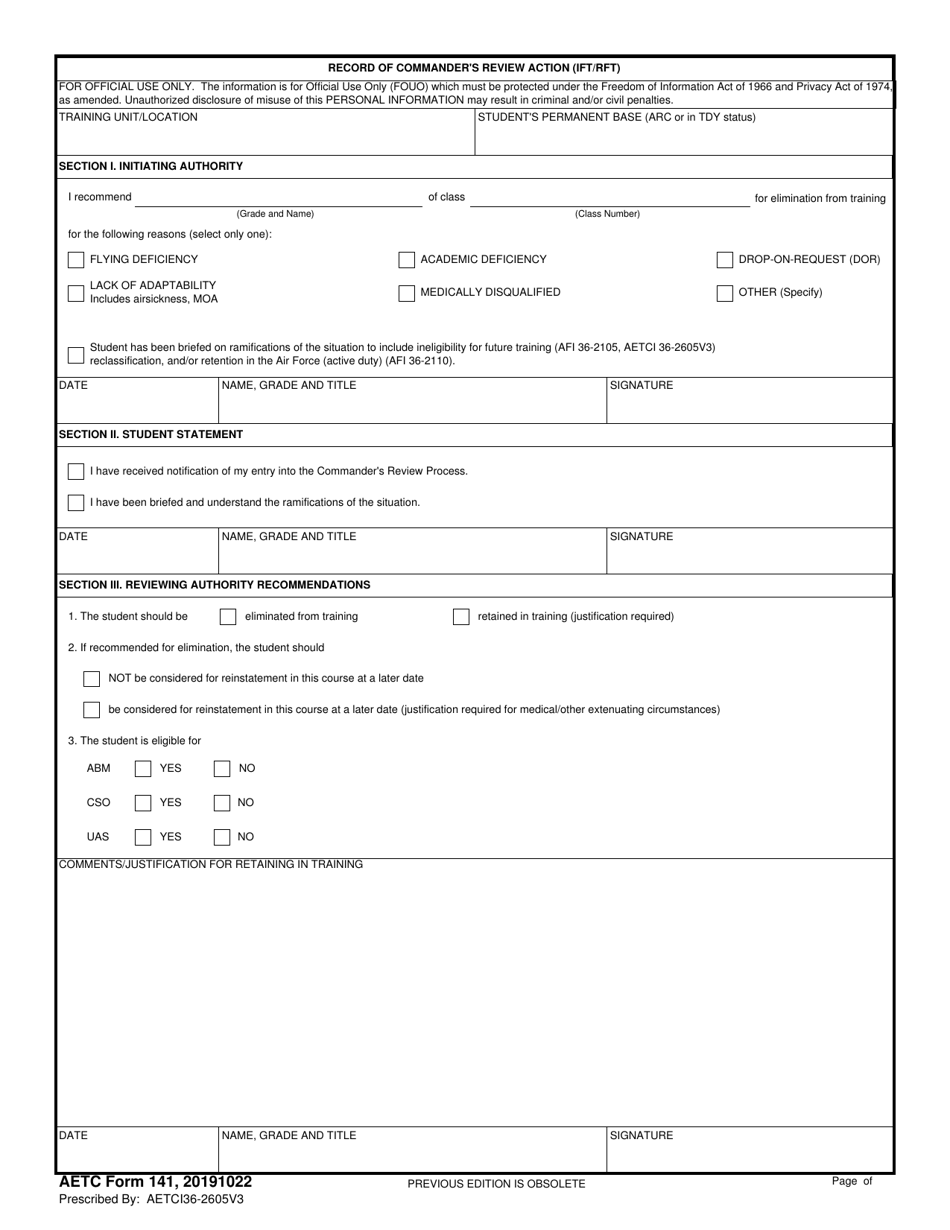 AETC Form 141 Record of Commanders Review Action (Ift / Rft), Page 1