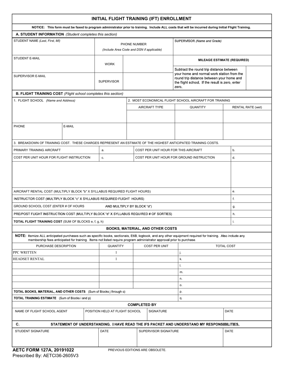 AETC Form 127A Initial Flight Training (Ift) Enrollment, Page 1