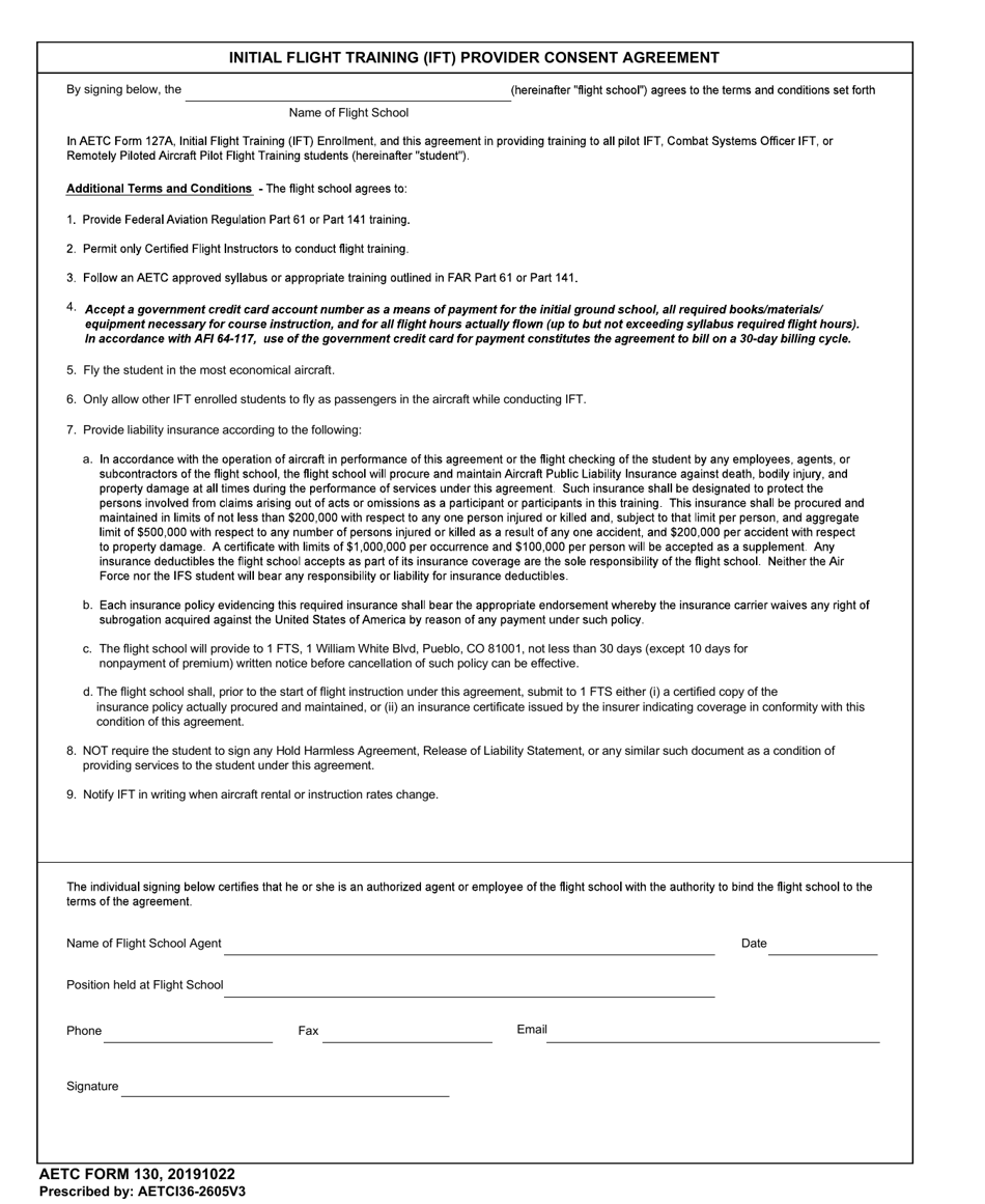 AETC Form 130 Initial Flight Training (Ift) Provider Consent Agreement, Page 1