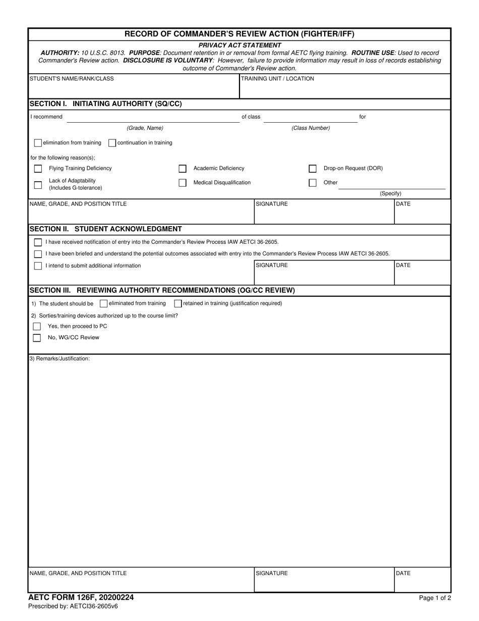 AETC Form 126F Record of Commanders Review Action (Fighter / Iff), Page 1