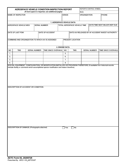 AETC Form 92 Aerospace Vehicle Condition Inspection Report