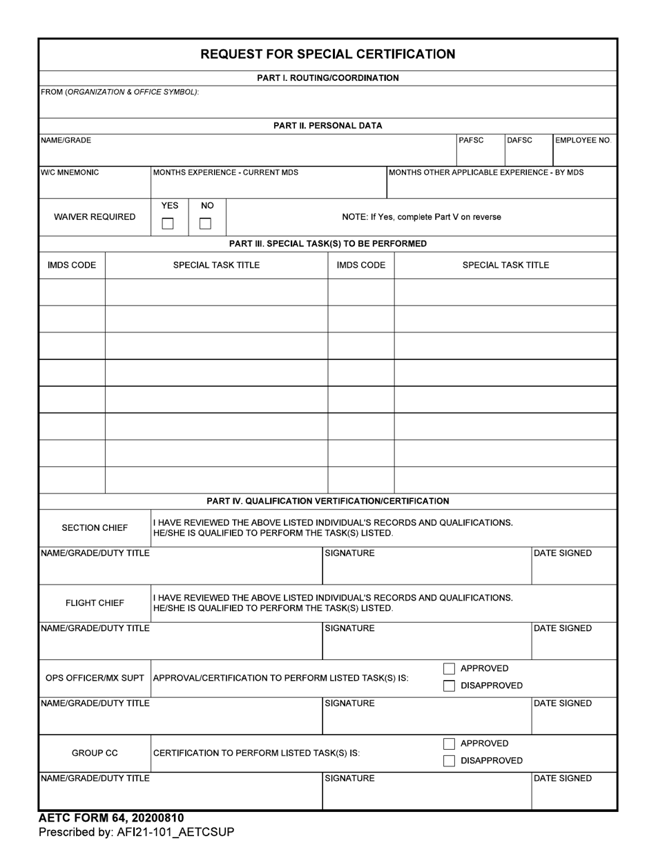 AETC Form 64 Request for Special Certification, Page 1