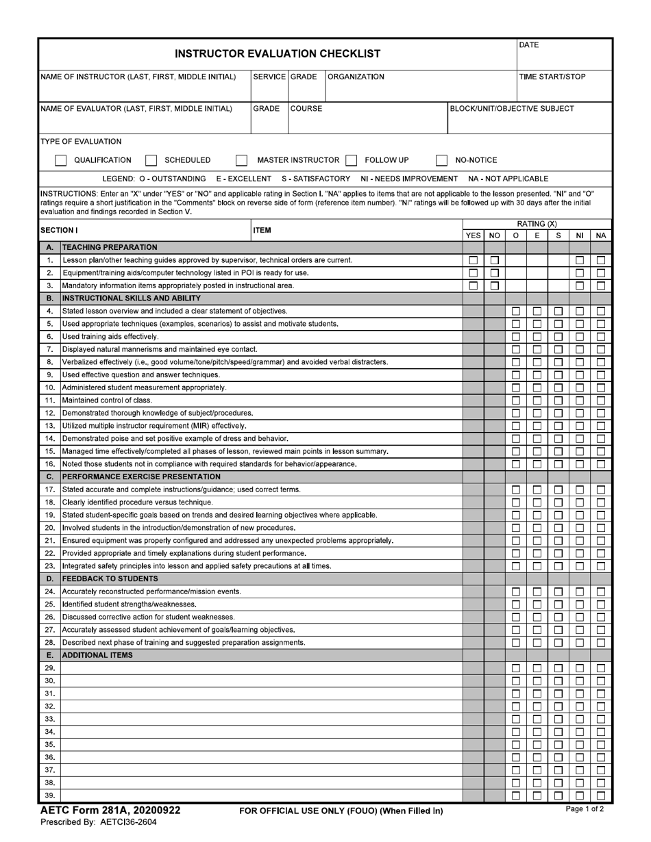 AETC Form 281A Instructor Evaluation Checklist, Page 1
