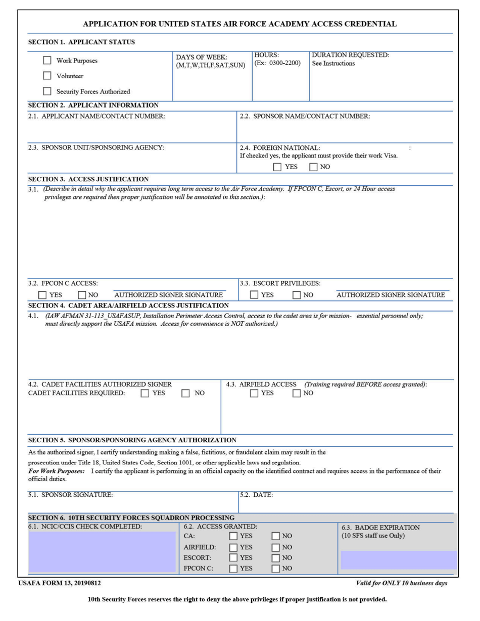 USAFA Form 13 Application for United States Air Force Academy Access Credential, Page 1