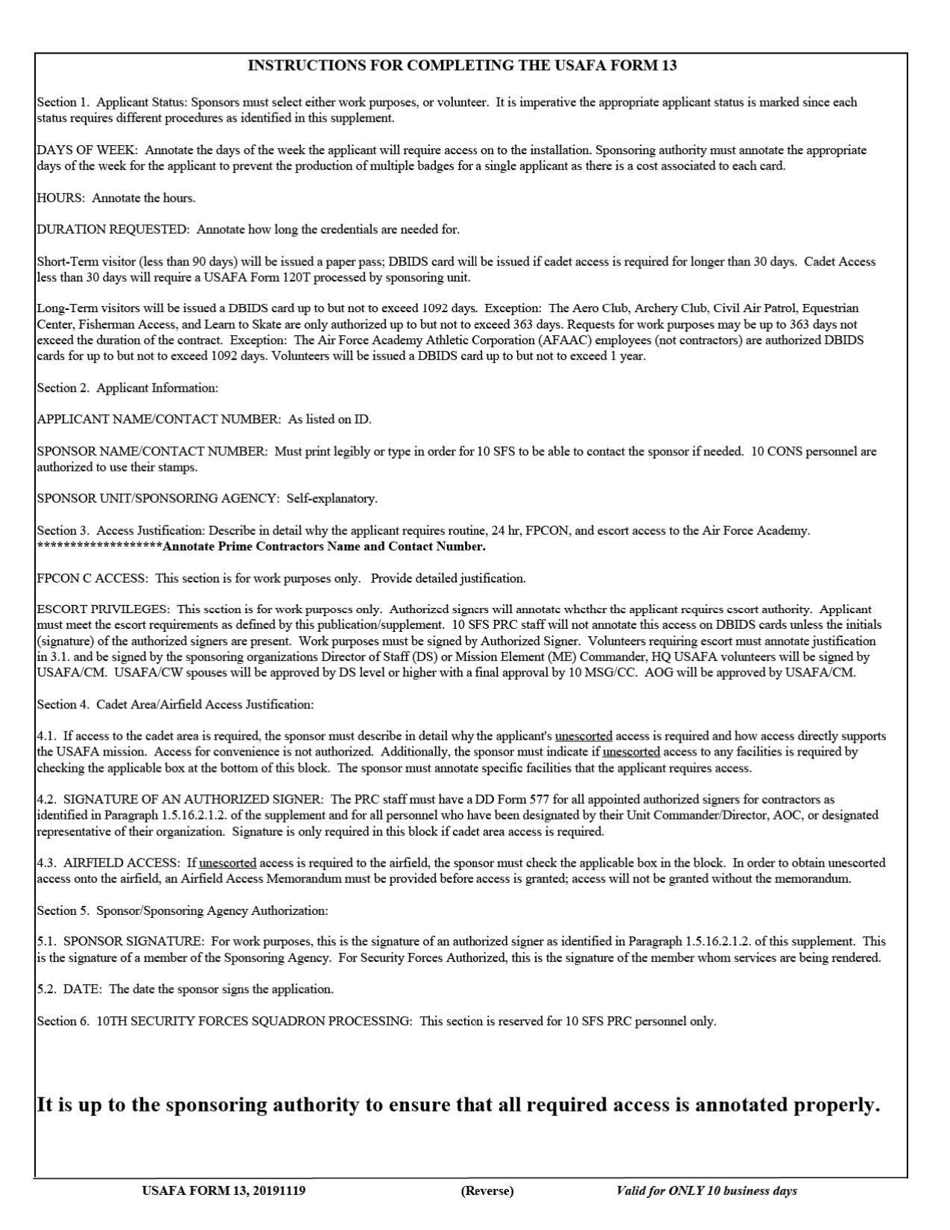 USAFA Form 13 Application for United States Air Force Academy Access Credential, Page 2