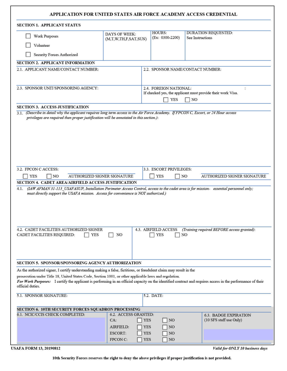 USAFA Form 13 Download Fillable PDF or Fill Online Application for ...