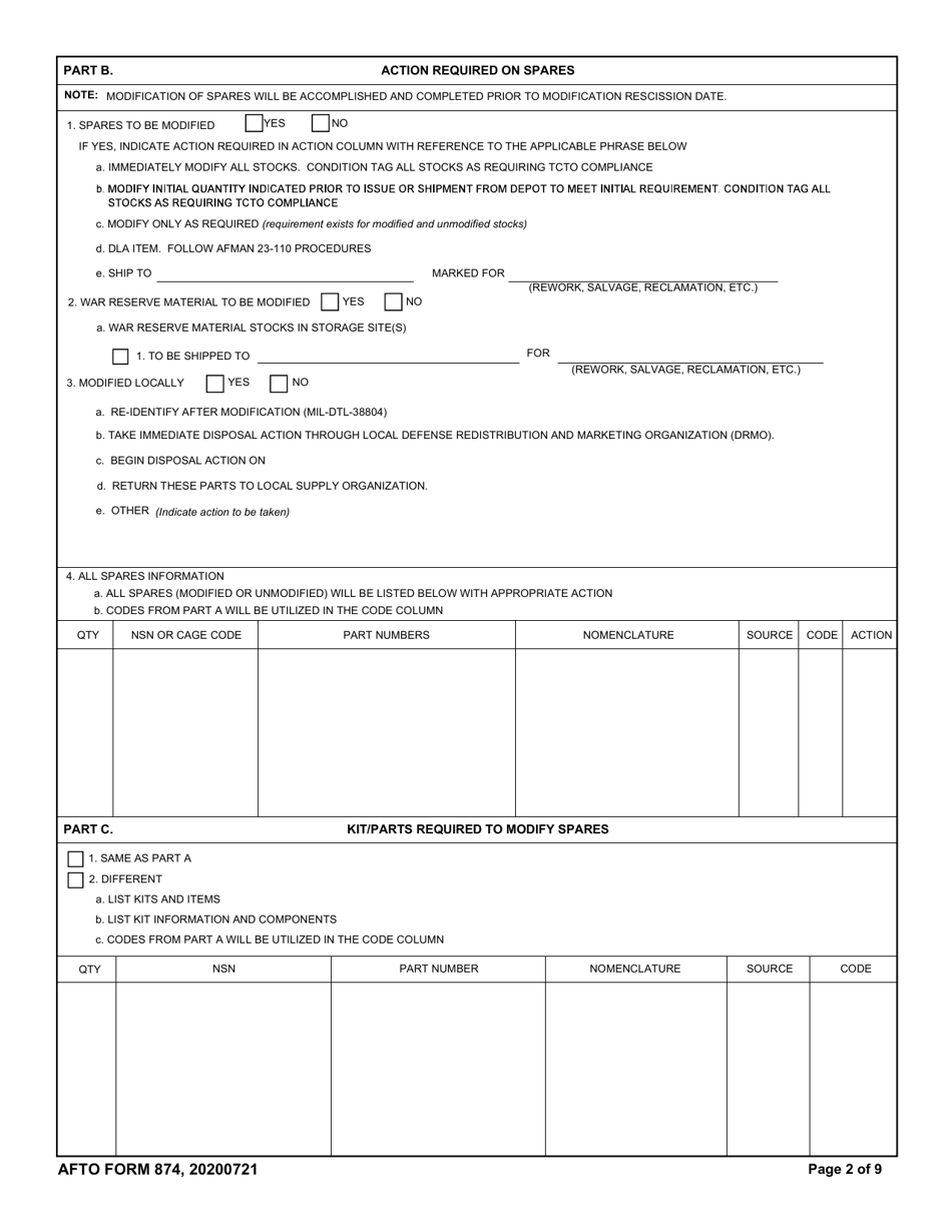 AFTO Form 874 Download Fillable PDF or Fill Online Time Compliance ...