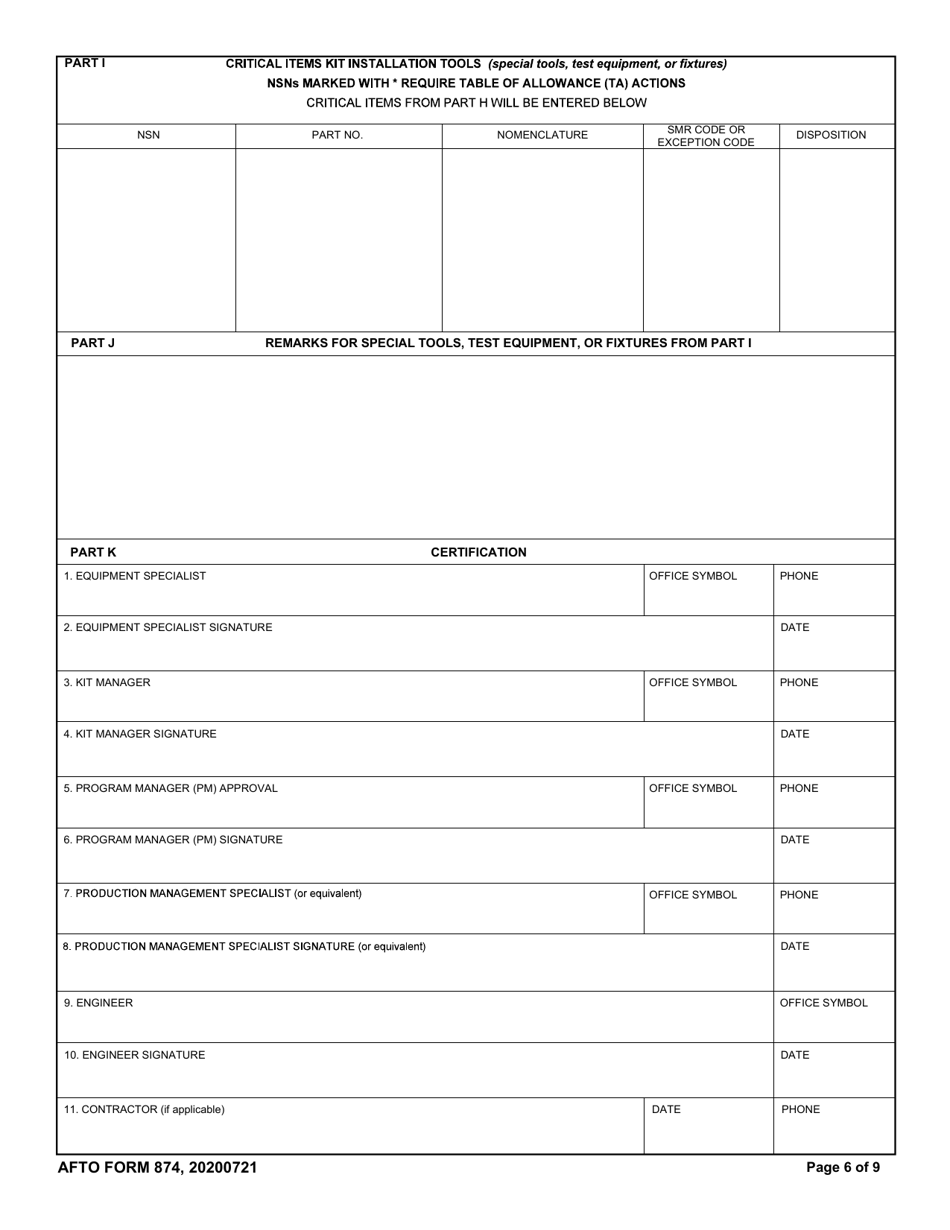 AFTO Form 874 Time Compliance Technical Order Supply Data Requirements, Page 6