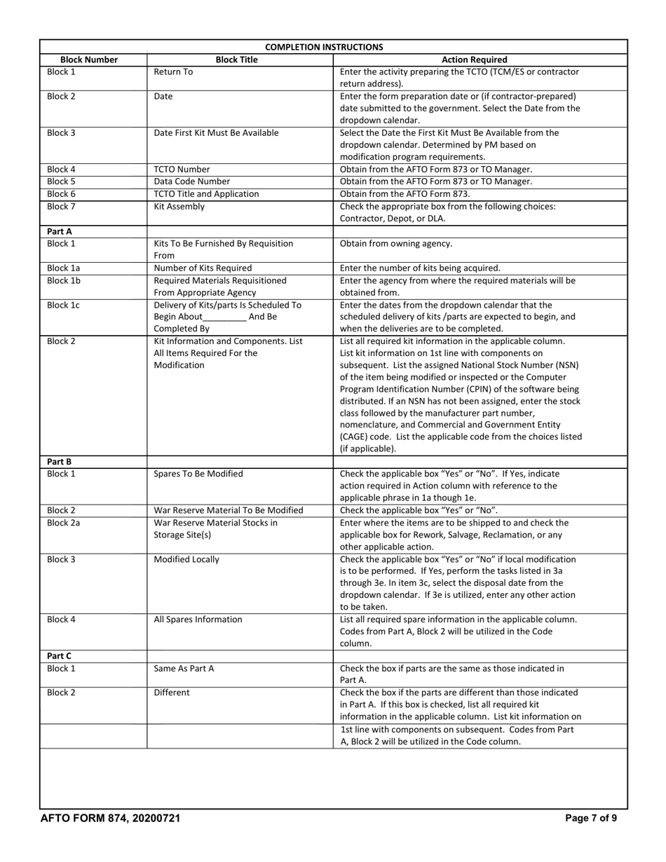 AFTO Form 874 Time Compliance Technical Order Supply Data Requirements, Page 7