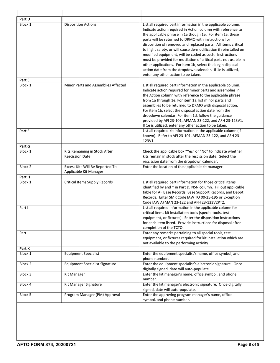 AFTO Form 874 Time Compliance Technical Order Supply Data Requirements, Page 8