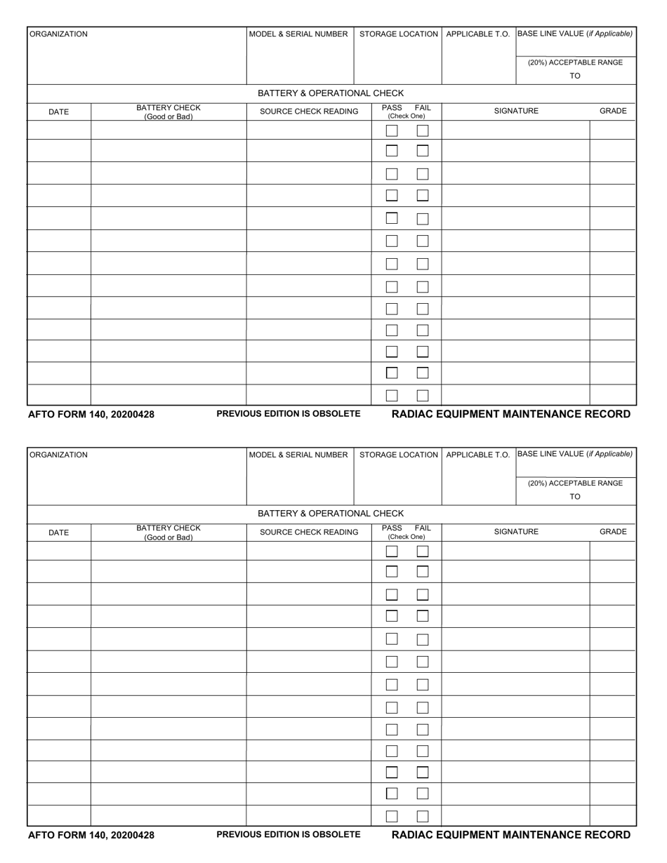 AFTO Form 140 Radiac Equipment Maintenance Record, Page 1