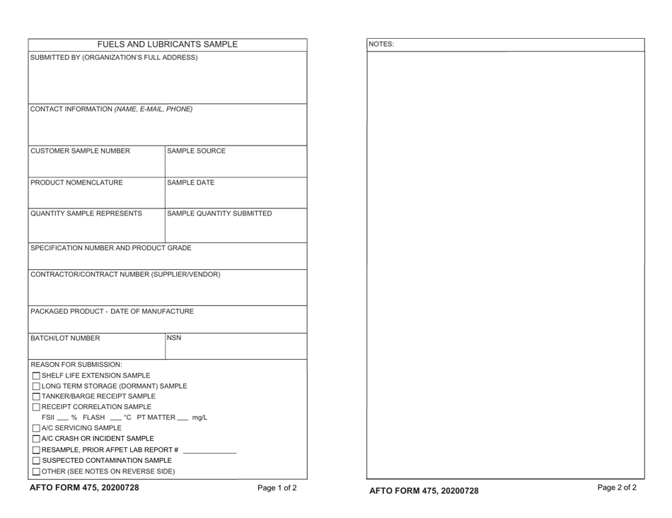 AFTO Form 475 Fuels and Lubricants Sample, Page 1