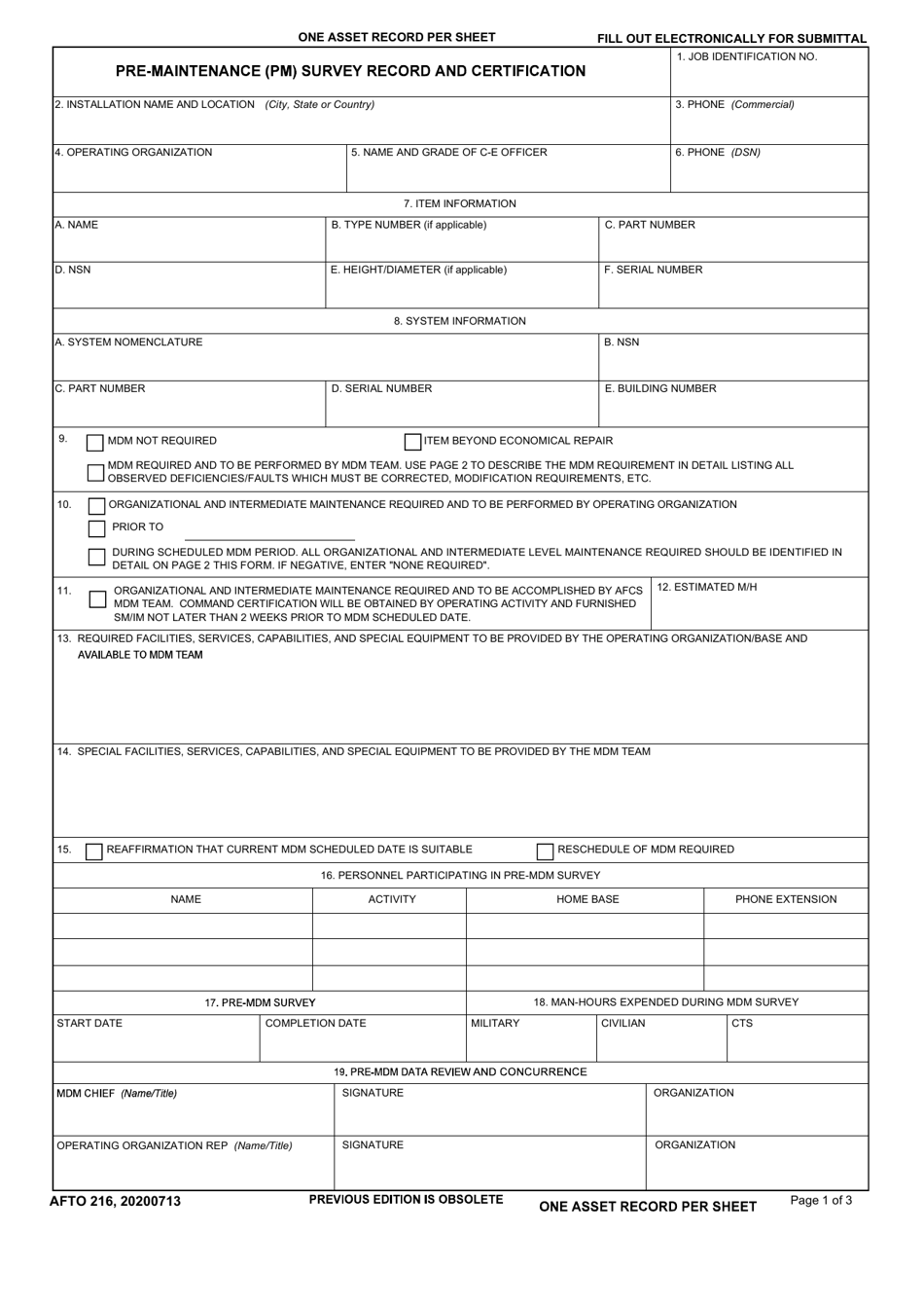 AFTO Form 216 Pre-maintenance (Pm) Survey Record and Certification, Page 1