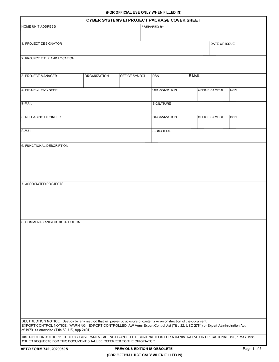 AFTO Form 749 Cyber Systems Ei Project Package Cover Sheet, Page 1