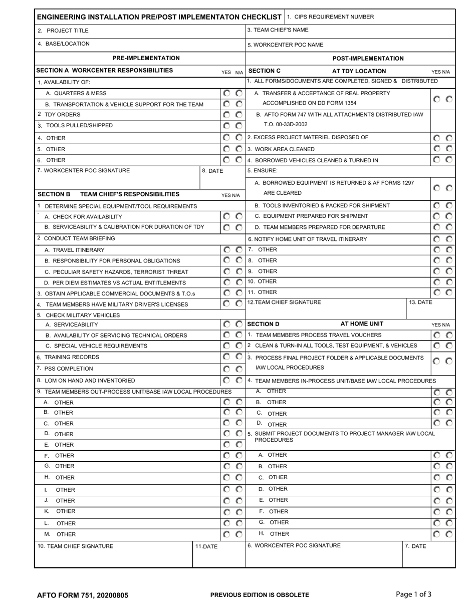 AFTO Form 751 Engineering Installation Pre / Post Implementation Checklist, Page 1