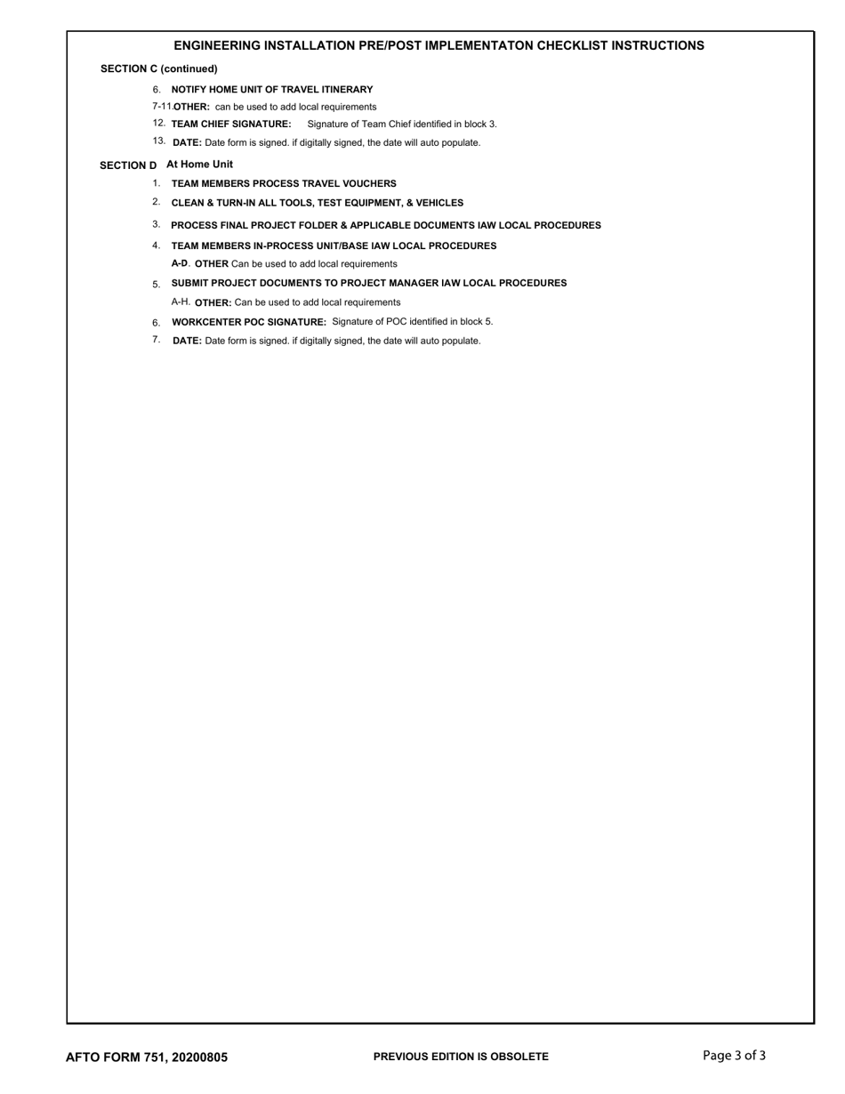 AFTO Form 751 Engineering Installation Pre / Post Implementation Checklist, Page 3