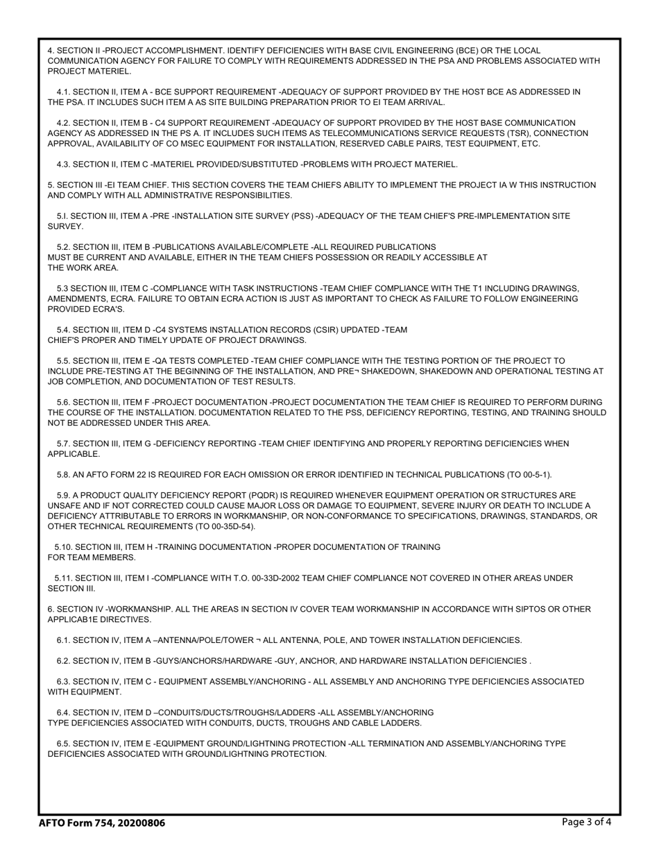 AFTO Form 754 Ei Quality Assurance Evaluation Record, Page 3