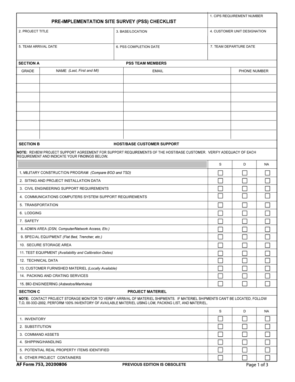 AFTO Form 753 Pre-implementation Site Survey (Pss) Checklist, Page 1