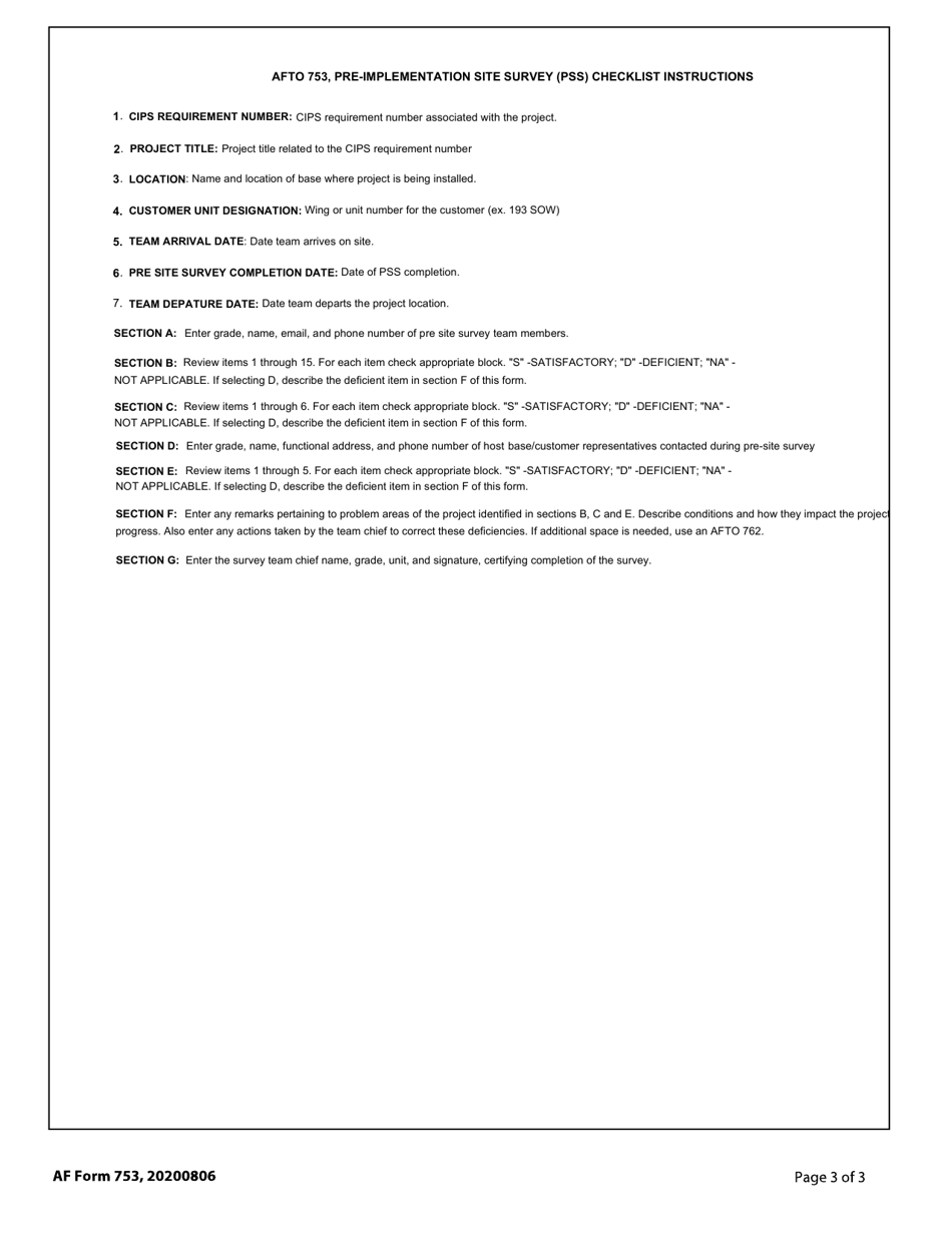 AFTO Form 753 Pre-implementation Site Survey (Pss) Checklist, Page 3
