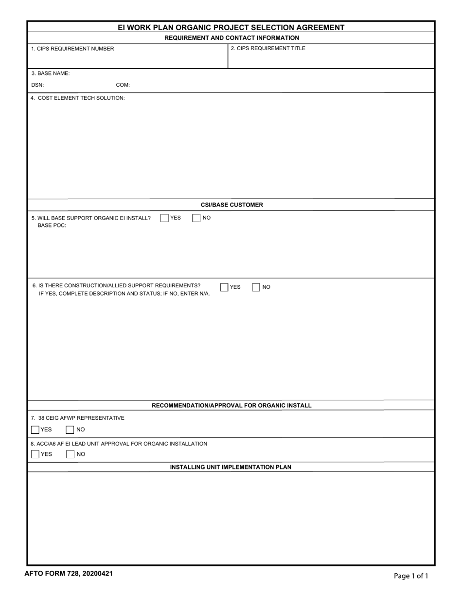 AFTO Form 728 Ei Work Plan Organic Project Selection Agreement, Page 1